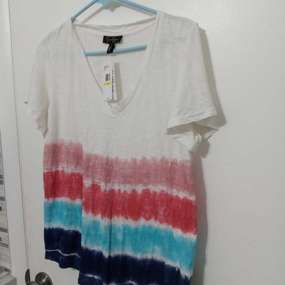 Jessica Simpson MultiColor Tie Dye Carly Short Sleeve V Neck Blowout T Shirt - Picture 2 of 9
